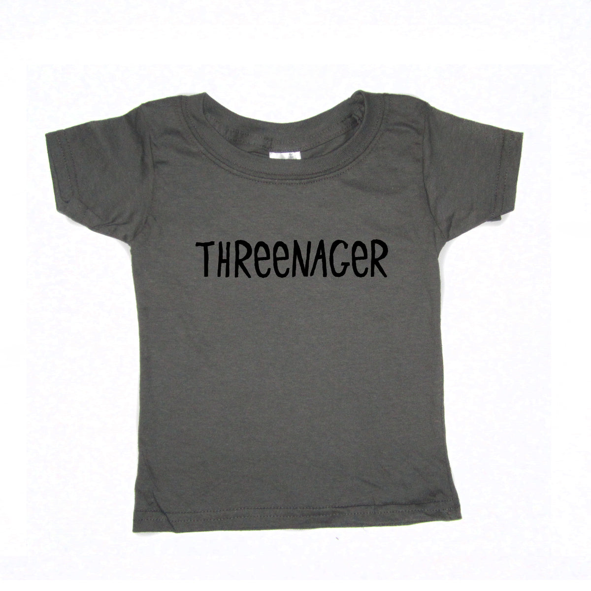 A gray t-shirt with the text "THREEENAGER" printed on it.