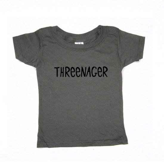 A gray t-shirt with the text "THREEENAGER" printed on it.