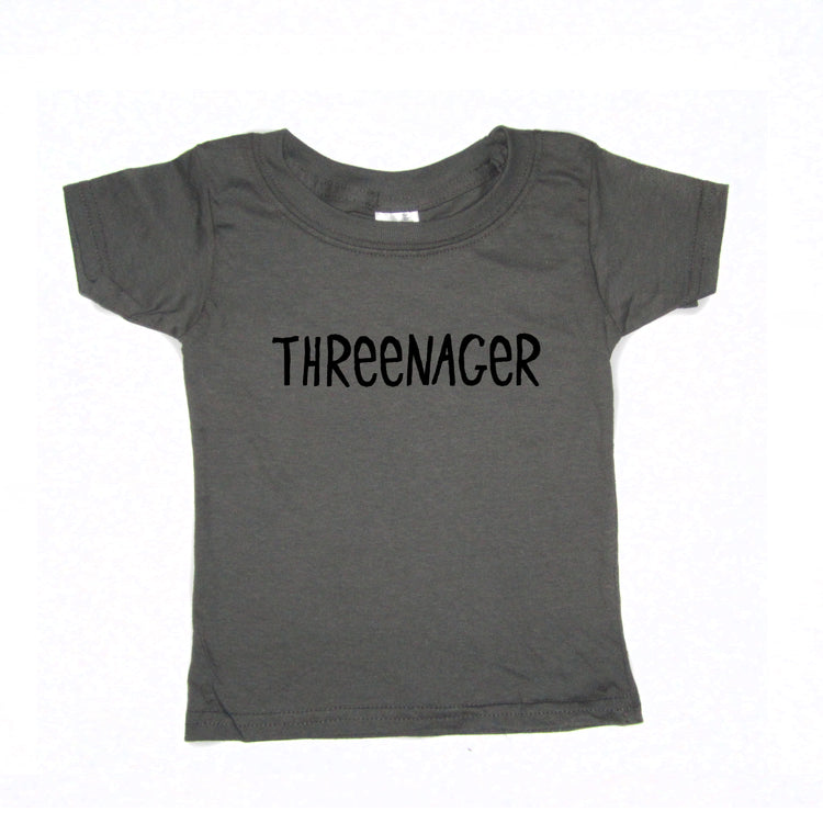 A gray t-shirt with the text "THREEENAGER" printed on it.