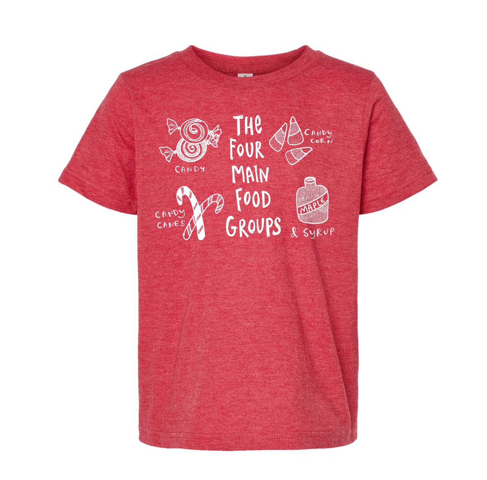 A red t-shirt with white text and illustrations related to food groups.