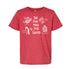 A red t-shirt with white text and illustrations related to food groups.