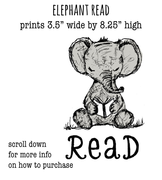 The image is a black and white illustration of a small elephant holding a book and sitting on the ground.