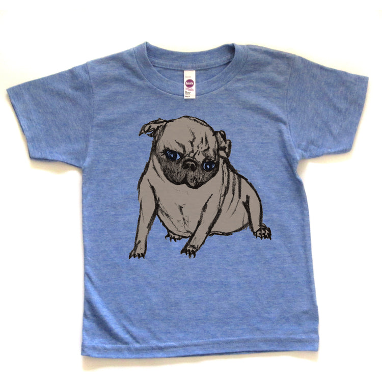 A blue t-shirt with a drawing of a pug dog printed on it.