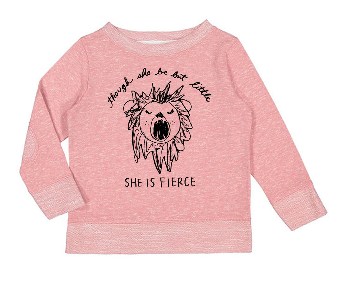 A pink long-sleeved shirt with a black lion graphic and text printed on it.