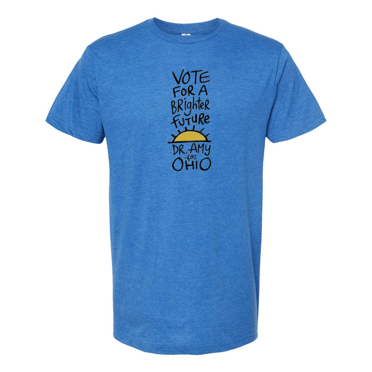 A blue t-shirt with a graphic design featuring text and a sun-like symbol.