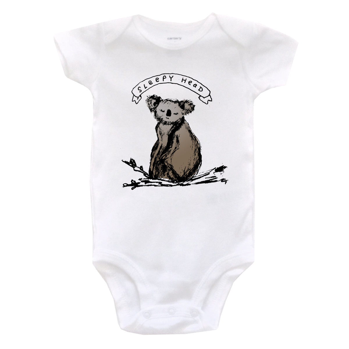 A white baby onesie with a graphic of a koala bear and the text "SLEEPY HEAD" printed on it.