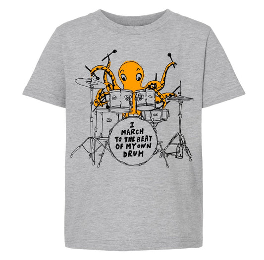 a grey t - shirt with an image of a yellow octopus playing drums