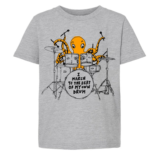 a grey t - shirt with an image of a yellow octopus playing drums