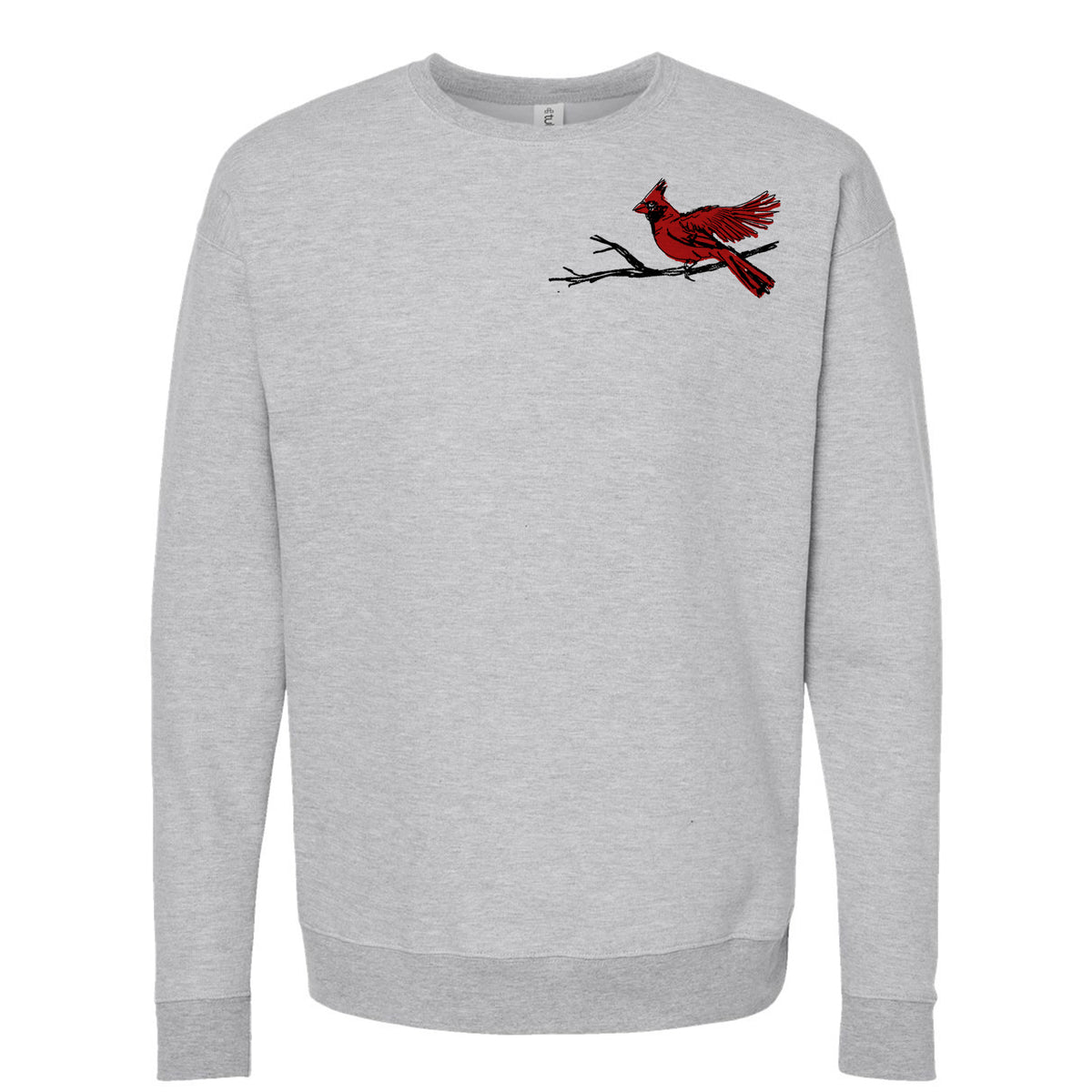 A gray sweatshirt with a red cardinal perched on a branch on the left side of the chest area.