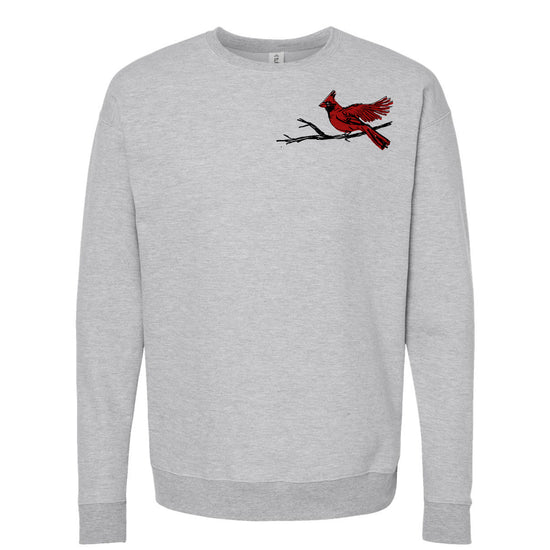 A gray sweatshirt with a red cardinal perched on a branch on the left side of the chest area.