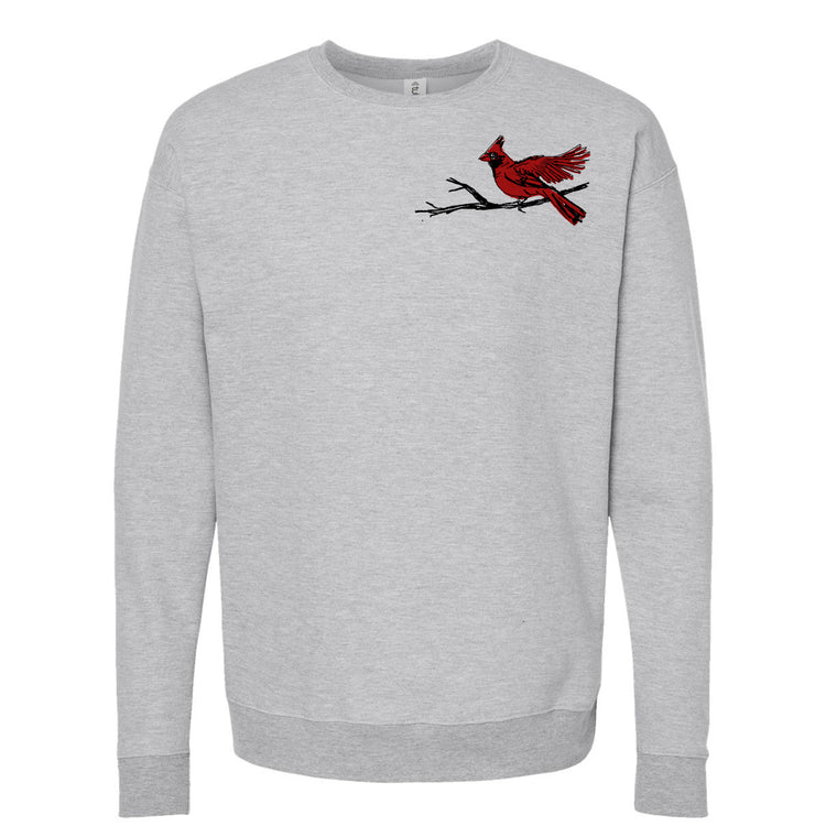 A gray sweatshirt with a red cardinal perched on a branch on the left side of the chest area.