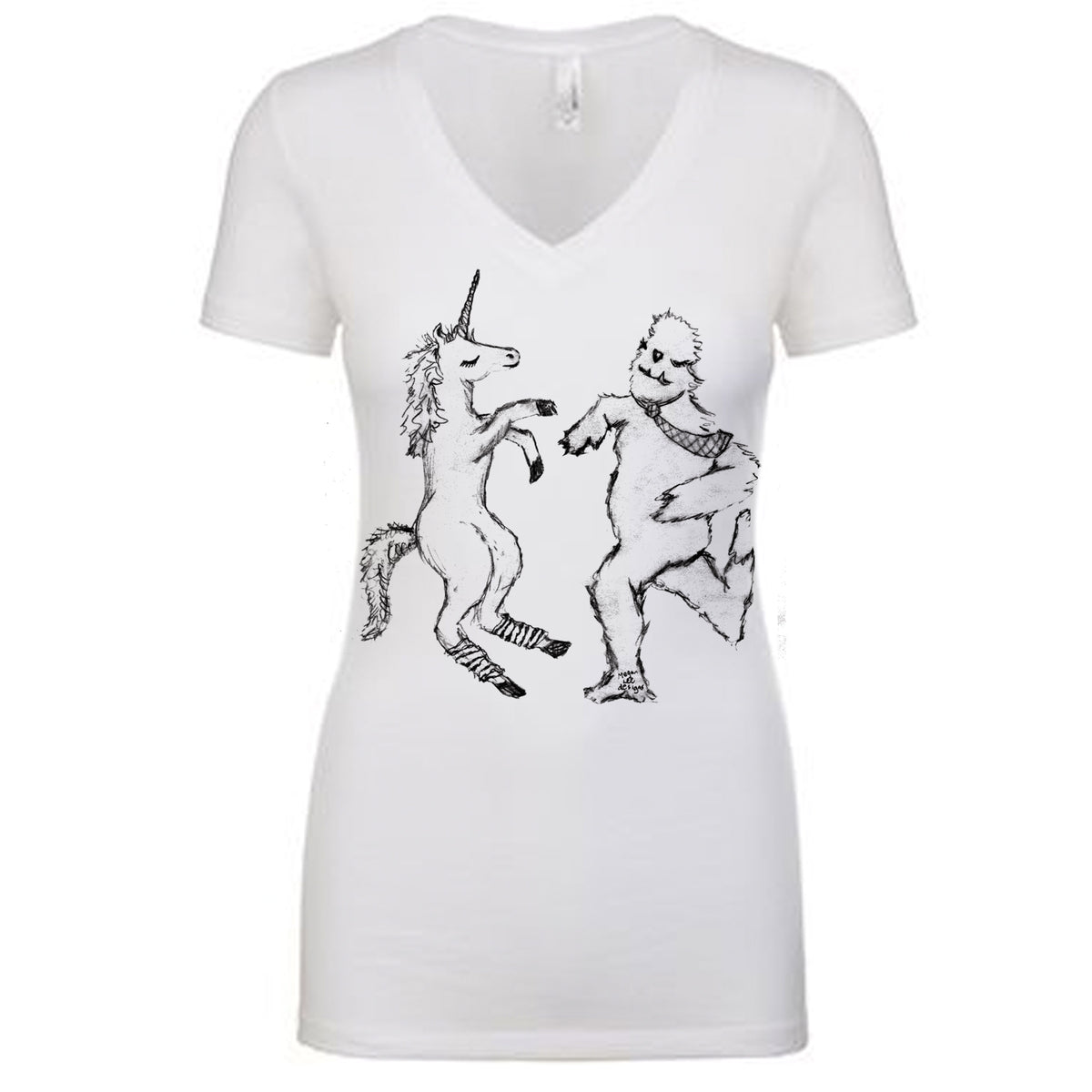 A white t-shirt with a black and white illustration of a unicorn and a person dancing together.