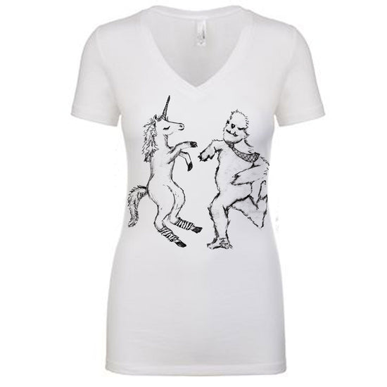 A white t-shirt with a black and white illustration of a unicorn and a person dancing together.