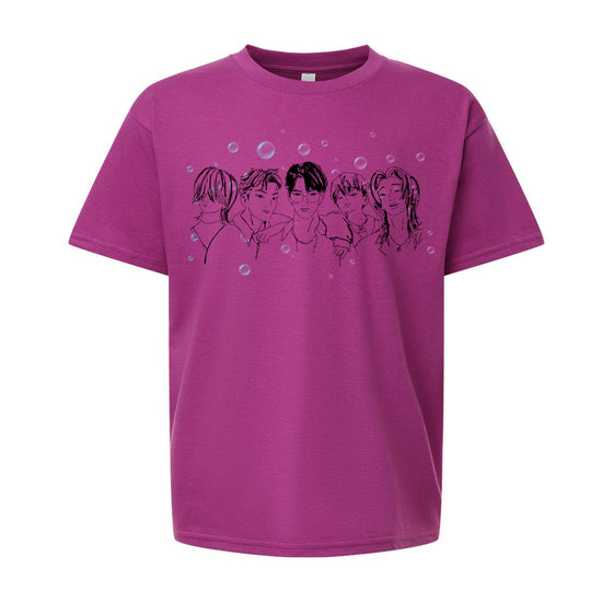 A pink t-shirt with a graphic design featuring a group of stylized human faces and bubbles.