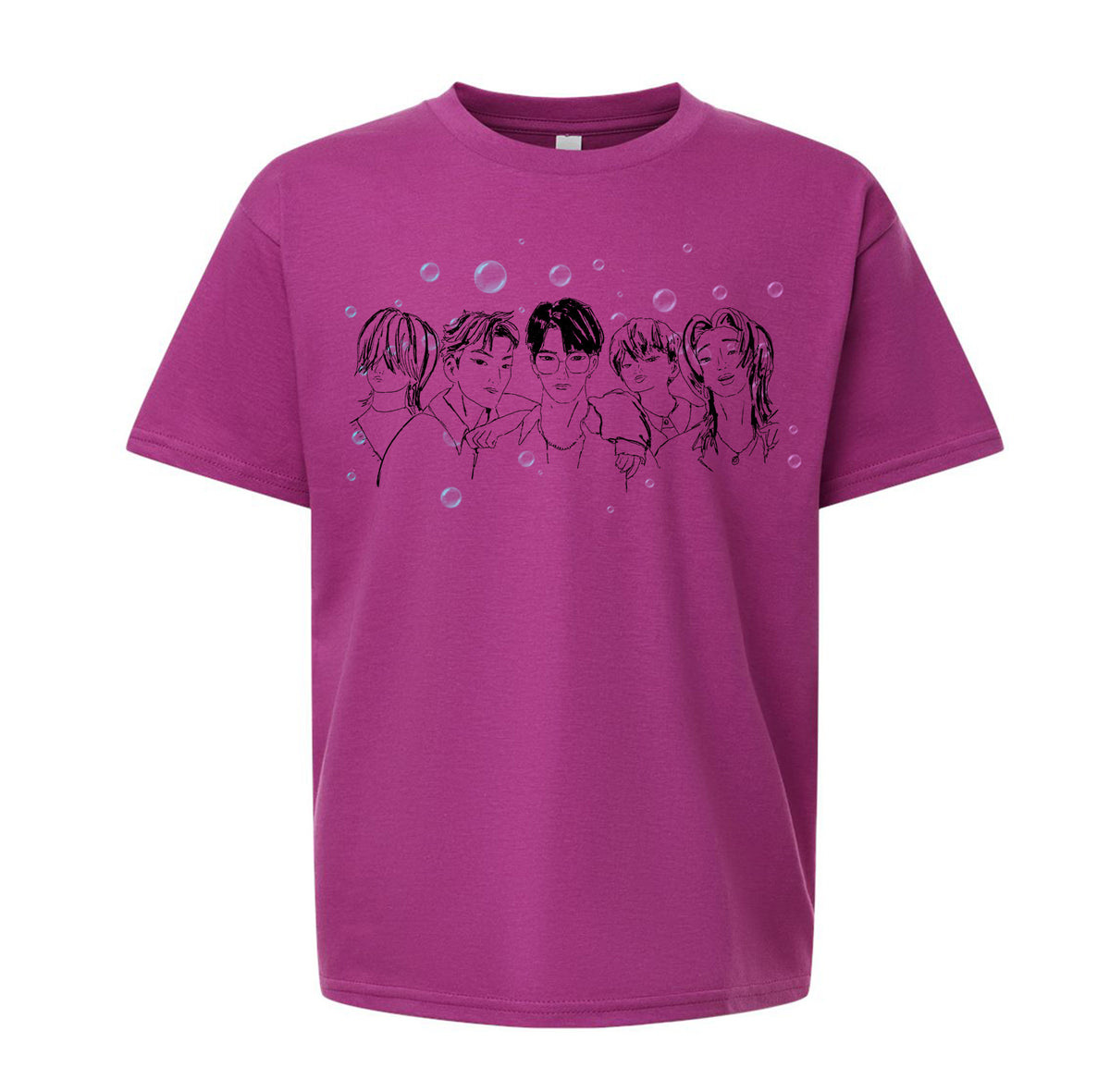 A pink t-shirt with a graphic design featuring a group of stylized human faces and bubbles.
