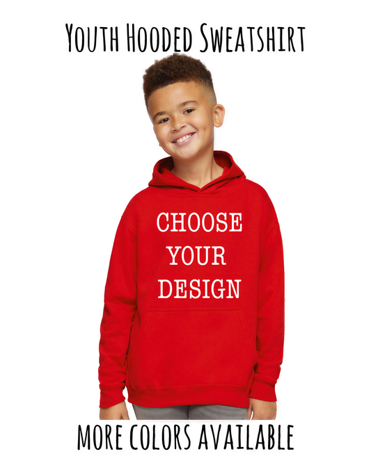 A young boy wearing a red hooded sweatshirt with the text "CHOOSE YOUR DESIGN" printed on it.