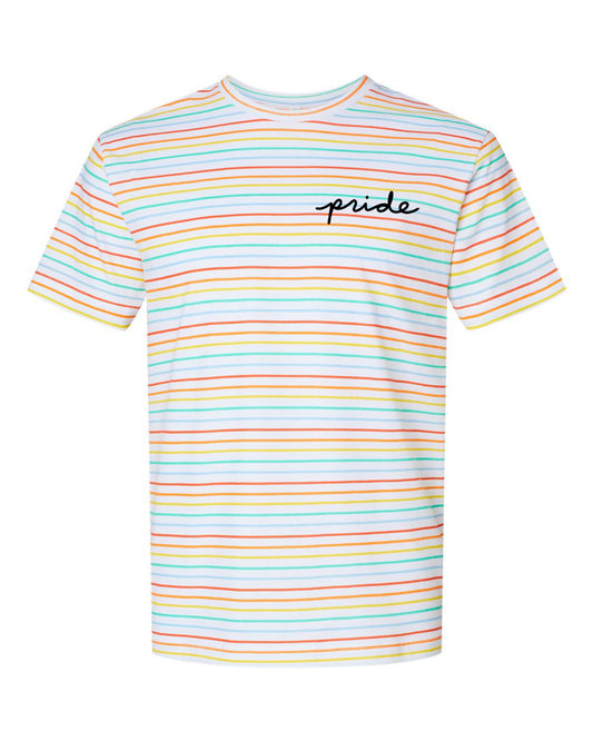 A white t-shirt with a rainbow-colored striped pattern and the word "pride" written on the front.