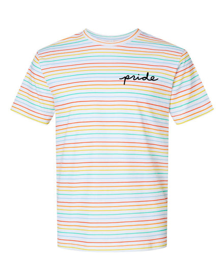 A white t-shirt with a rainbow-colored striped pattern and the word "pride" written on the front.
