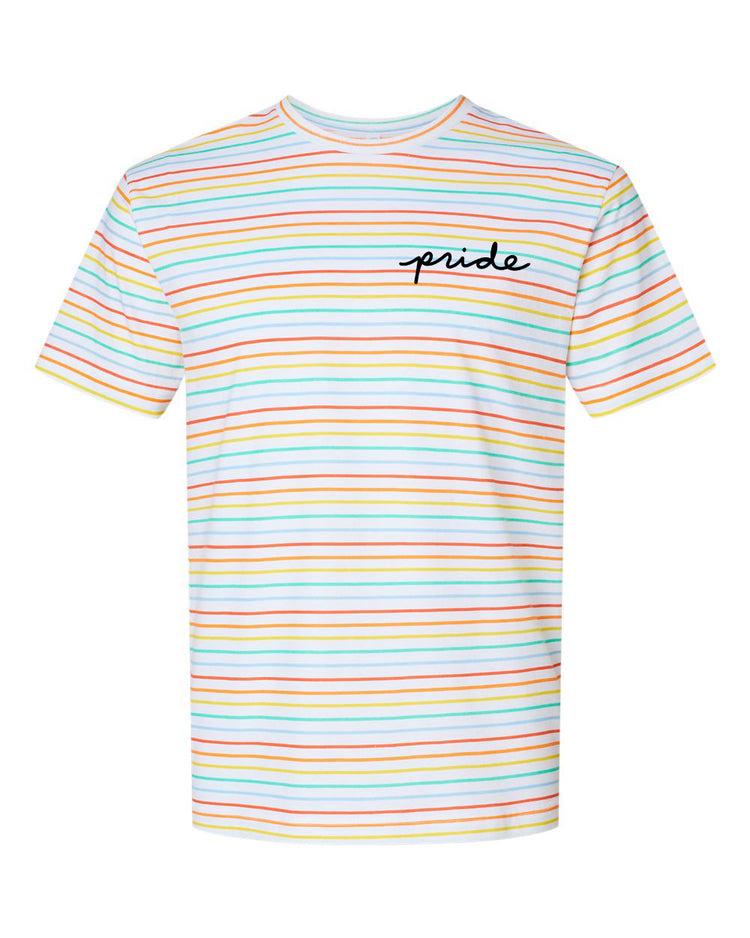 A white t-shirt with a rainbow-colored striped pattern and the word "pride" written on the front.