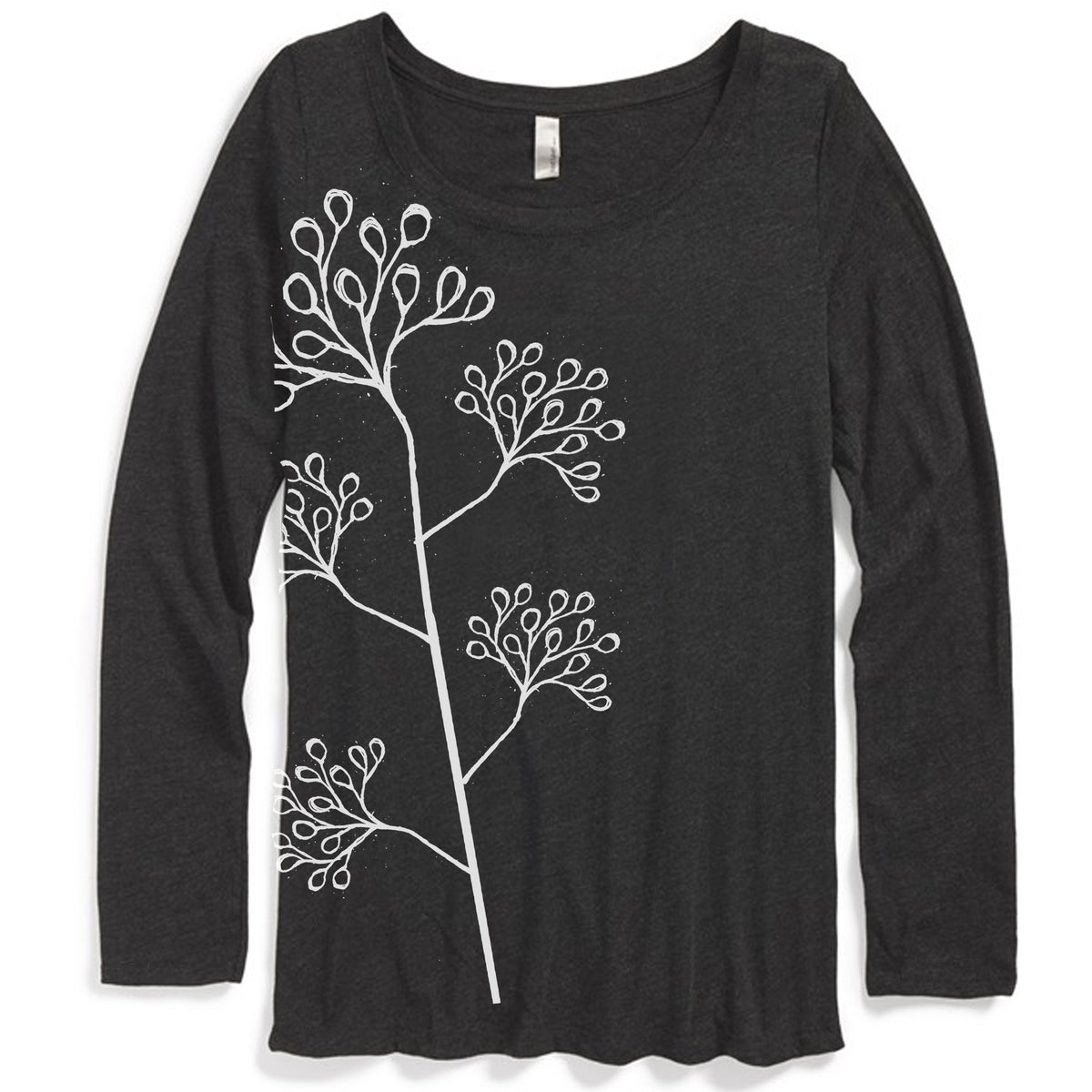 A black long-sleeved shirt with a white floral design on the front.