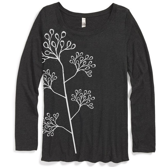 A black long-sleeved shirt with a white floral design on the front.