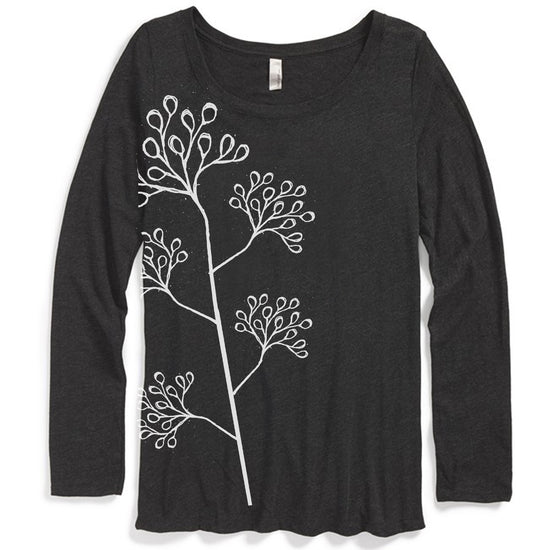 A black long-sleeved shirt with a white floral design on the front.