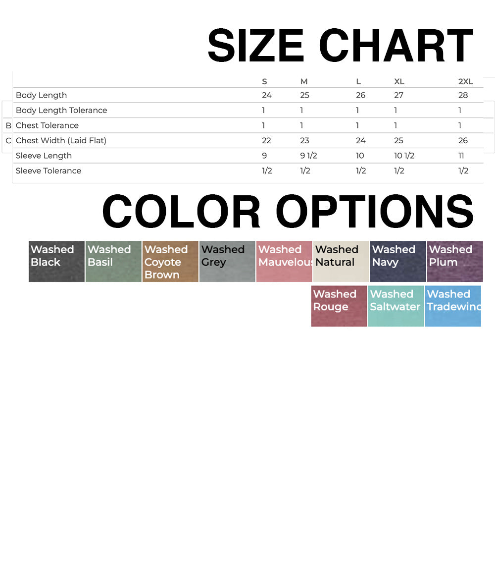 The image is a size chart that provides information about the size of various clothing items, including their body length, chest width, sleeve length, and sleeve tolerance. The chart also lists color options, such as washed black, washed basil, washed coyote, washed grey, washed mauvelou, washed navy, washed plum, and washed rouge.