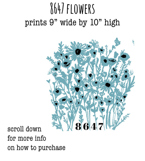 The image is a collage of various images, including a floral print and a scroll-down menu for more information on how to purchase.