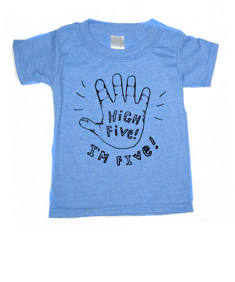 A blue t-shirt with a handprint graphic and text printed on it.