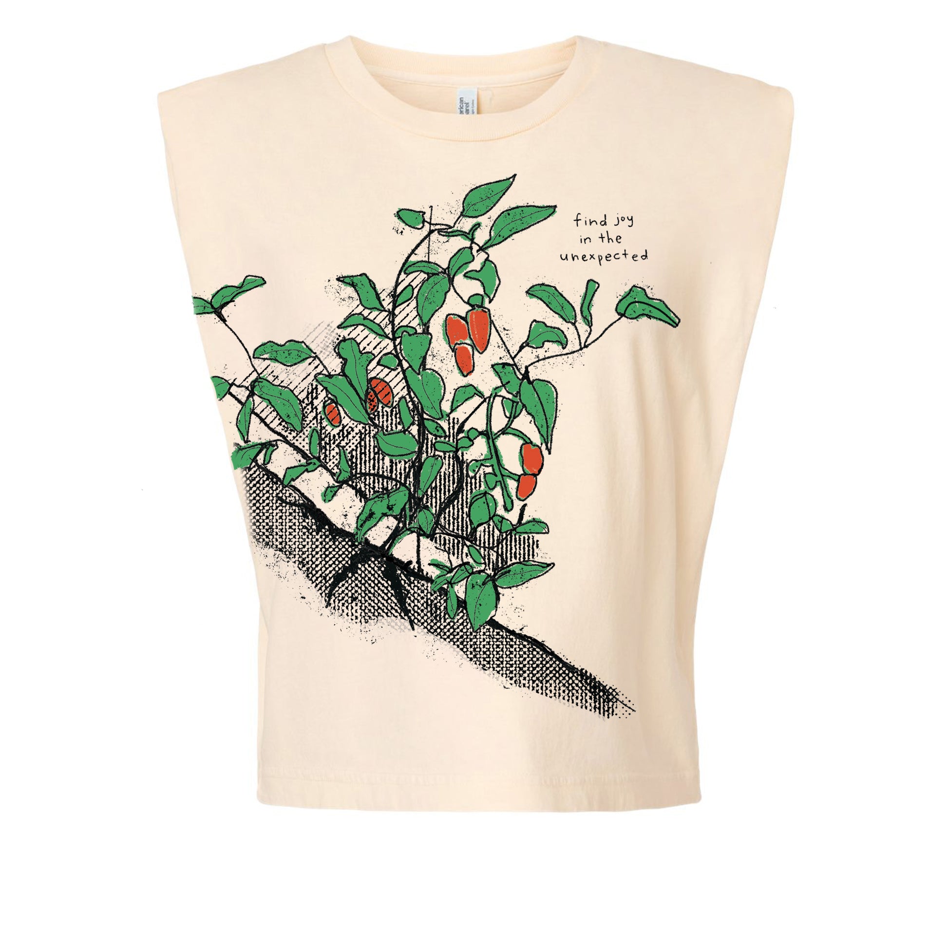 a t-shirt with a graphic design depicting a plant with green leaves and red peppers.