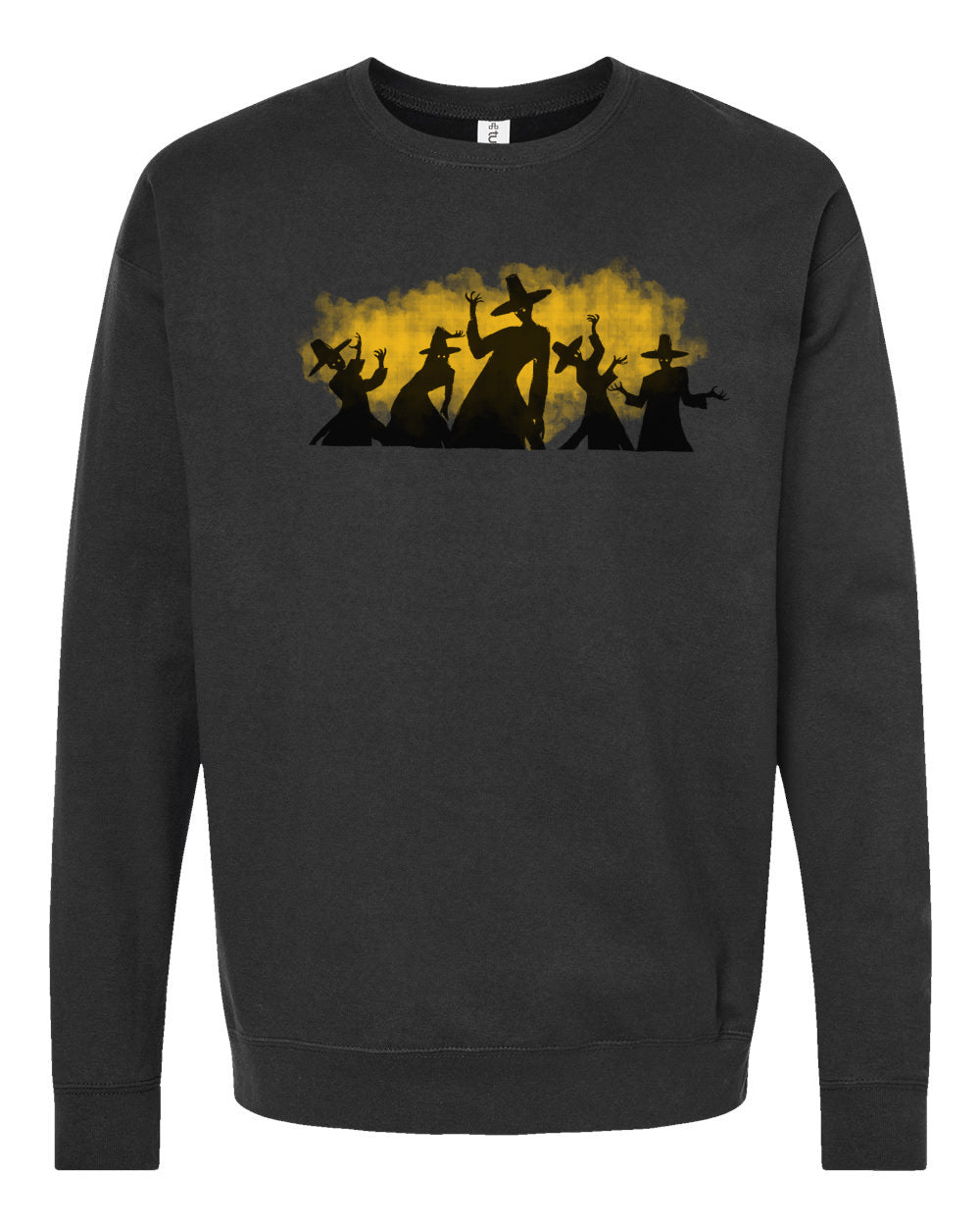 A black sweatshirt with a graphic design featuring silhouettes of people in a line, with yellow smoke or steam behind them.