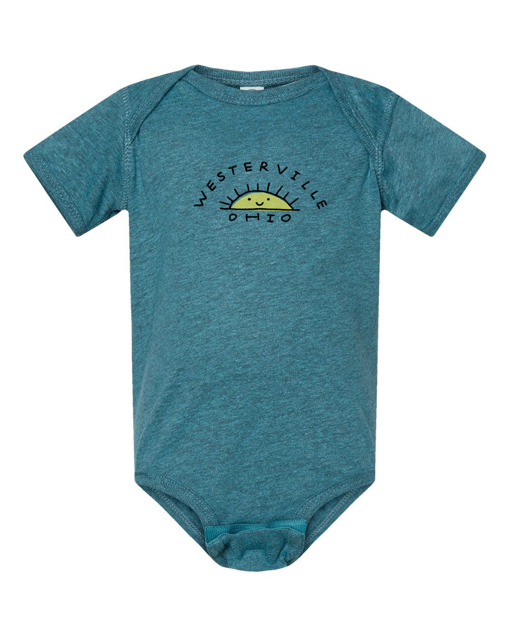 A teal-colored baby onesie with the text "WESTERVILLE OHIO" printed on it.