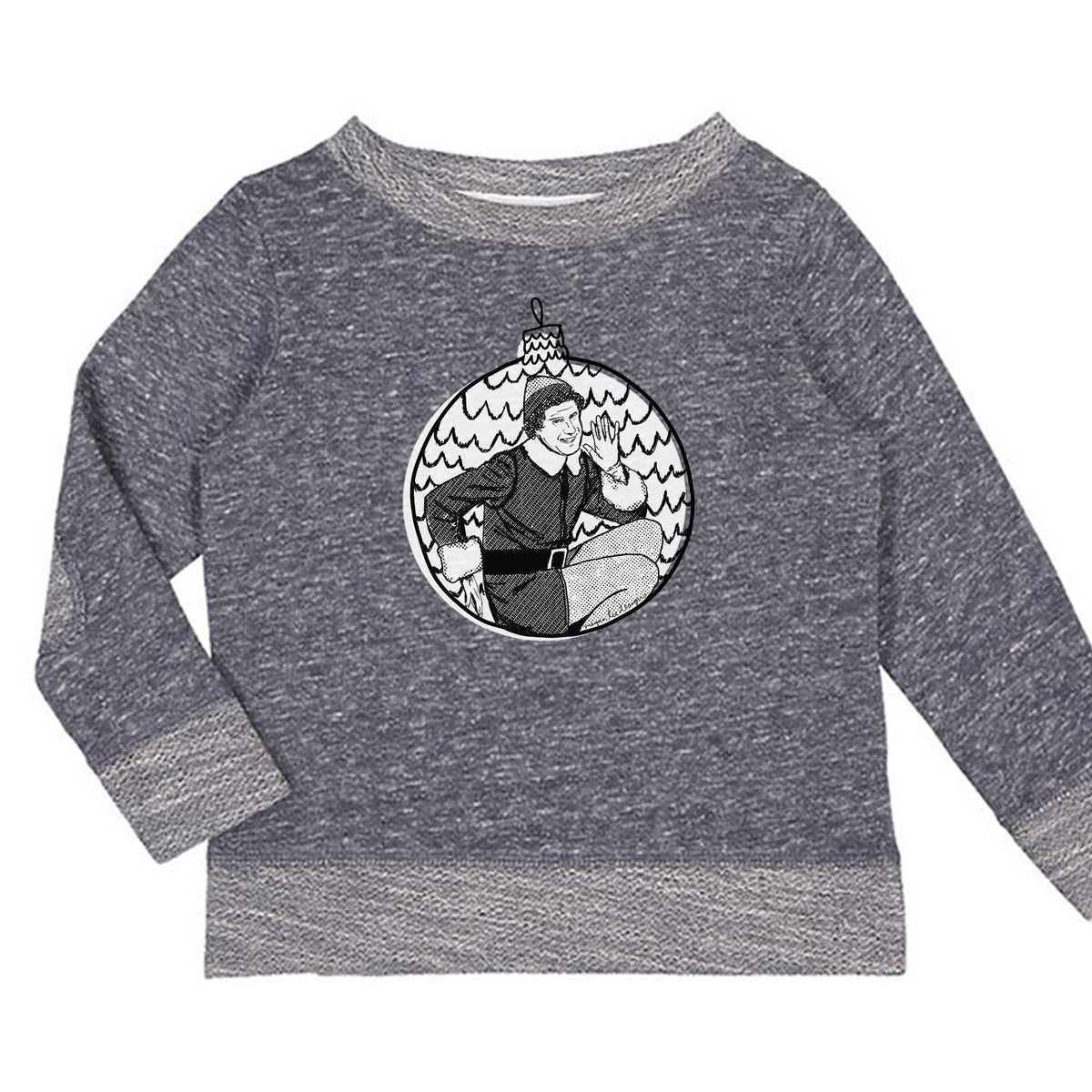 A gray long-sleeved sweater with a circular embroidered design featuring a cartoon character.