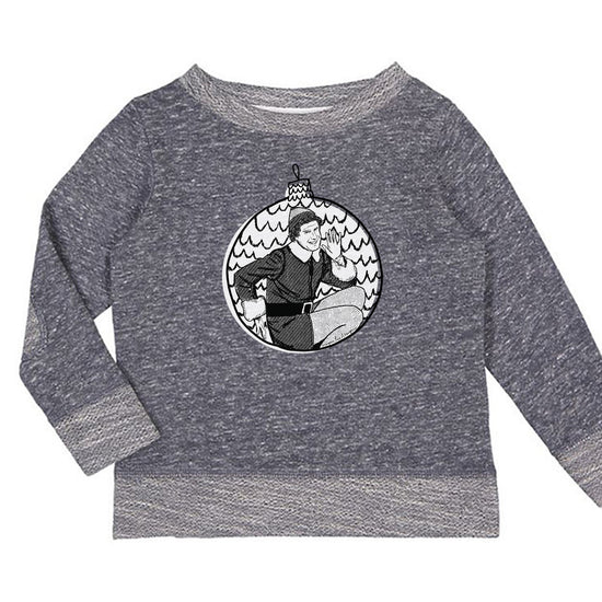 A gray long-sleeved sweater with a circular embroidered design featuring a cartoon character.