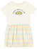 A white t-shirt with a graphic design and a striped skirt.