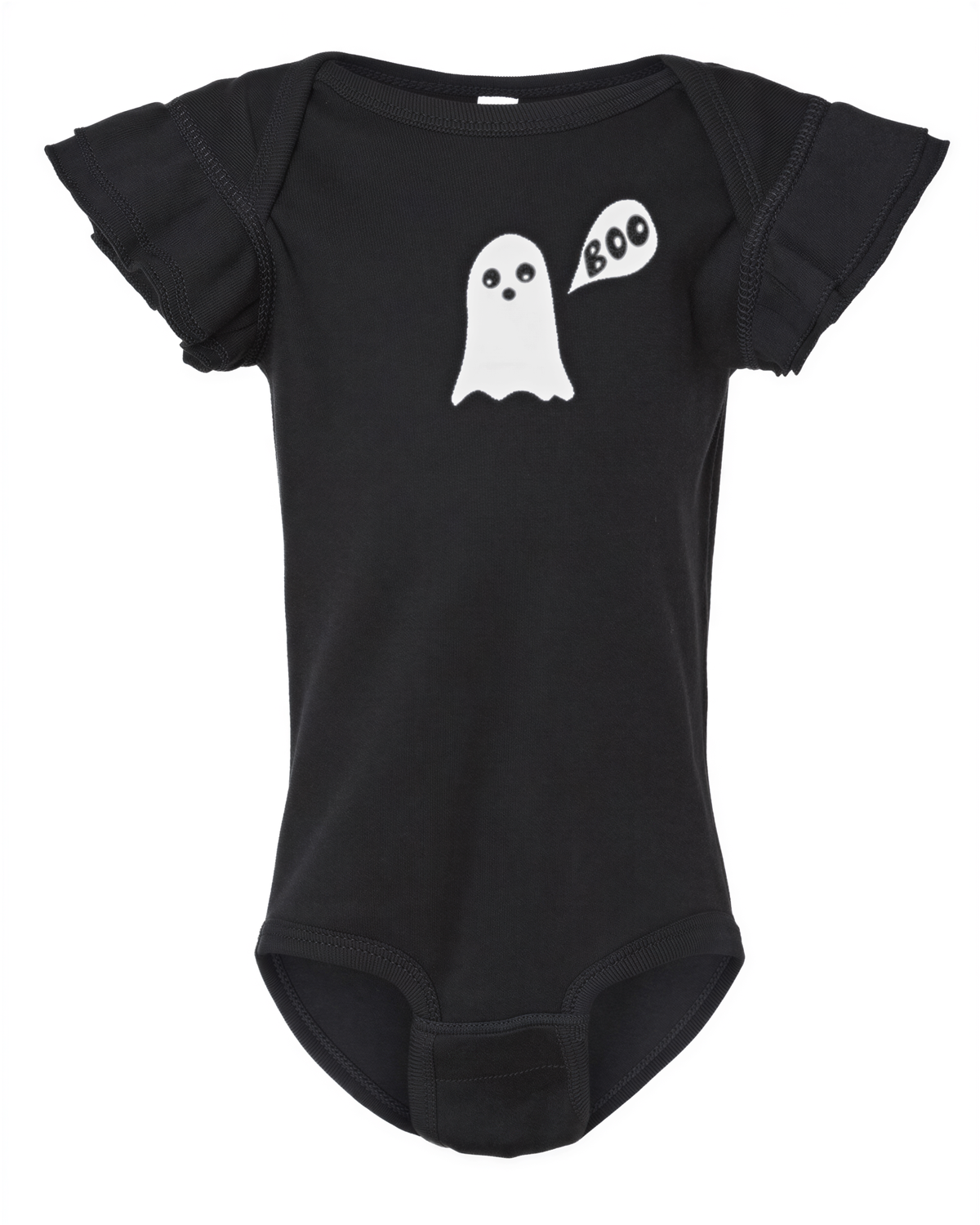 A black baby onesie with a white ghost and the word "BOO" printed on it.