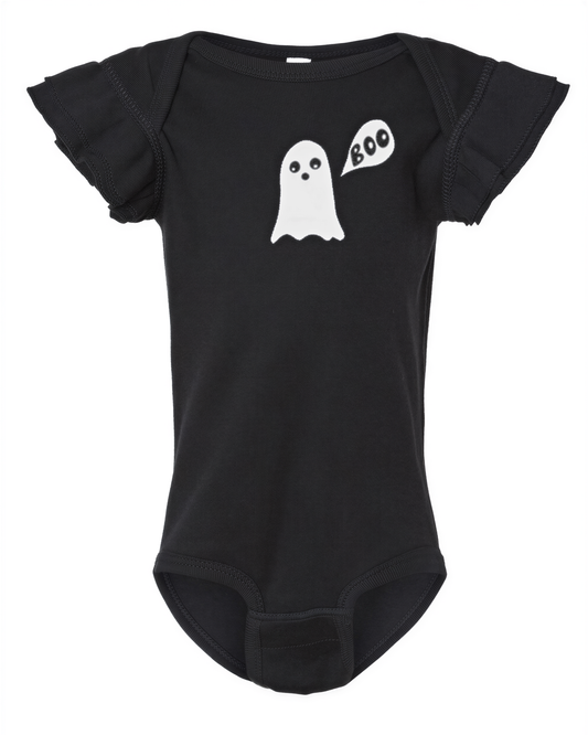 A black baby onesie with a white ghost and the word "BOO" printed on it.