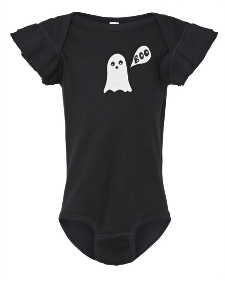 A black baby onesie with a white ghost and the word "BOO" printed on it.