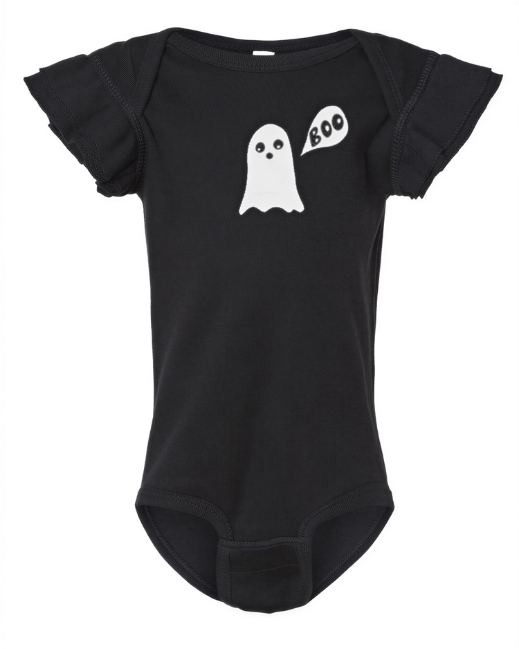 A black baby onesie with a white ghost and the word "BOO" printed on it.