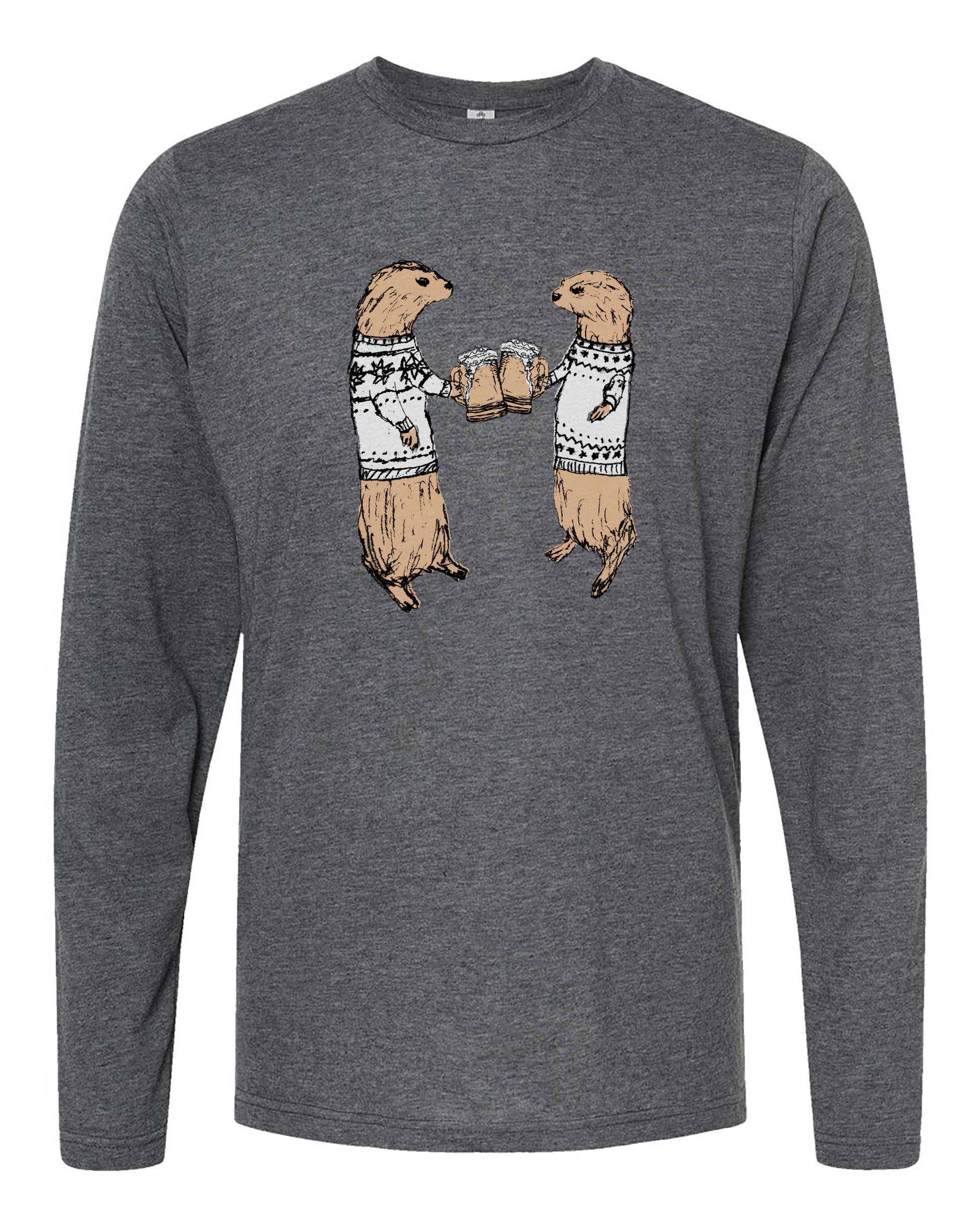 A gray long-sleeved t-shirt with a graphic design depicting two otters wearing sweaters and holding beer mugs.