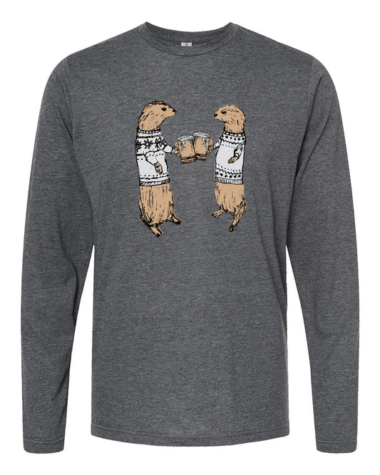 A gray long-sleeved t-shirt with a graphic design depicting two otters wearing sweaters and holding beer mugs.
