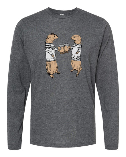 A gray long-sleeved t-shirt with a graphic design depicting two otters wearing sweaters and holding beer mugs.