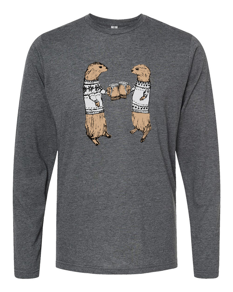 A gray long-sleeved t-shirt with a graphic design depicting two otters wearing sweaters and holding beer mugs.
