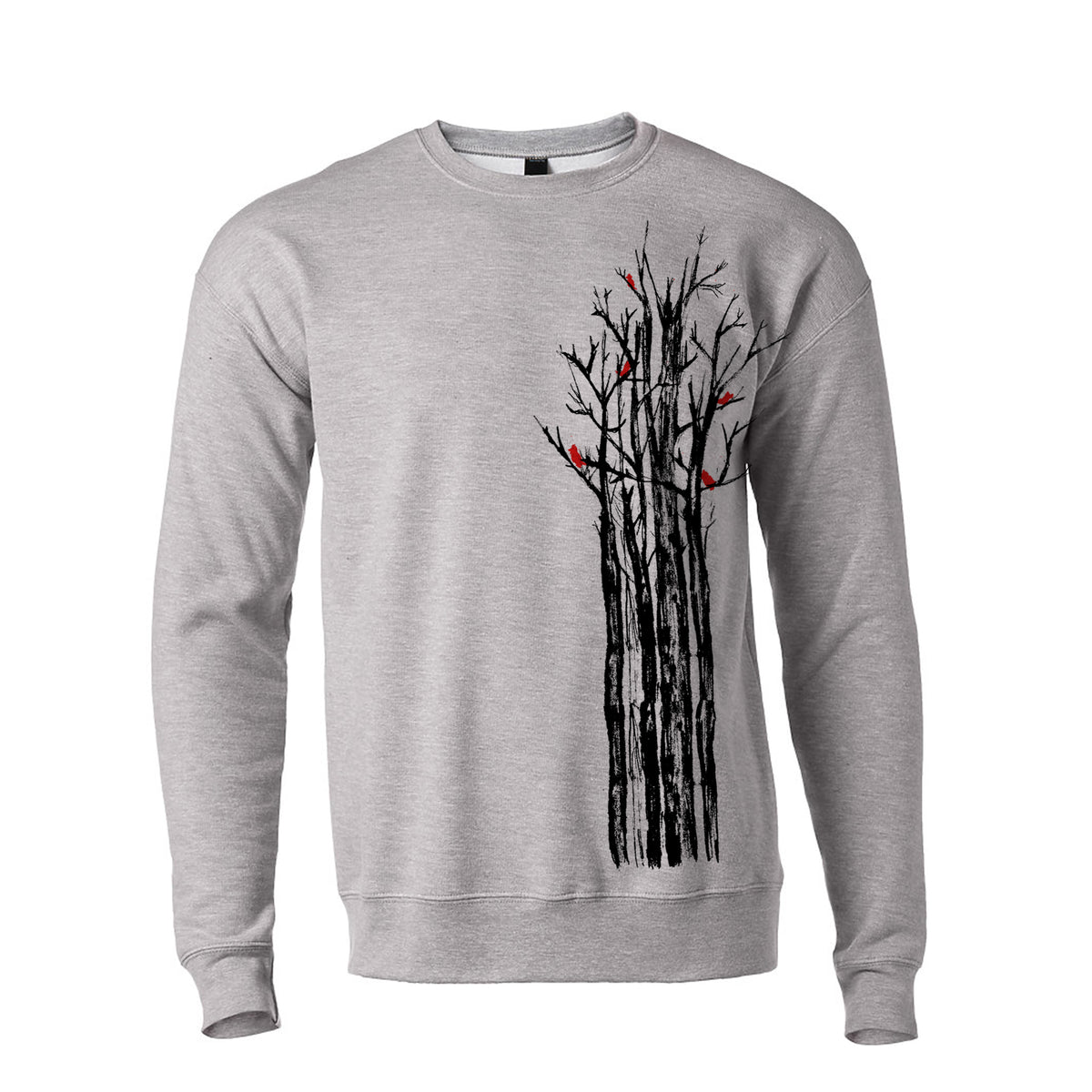 A gray sweatshirt with a graphic design depicting a tree with black branches and red birds perched on them.