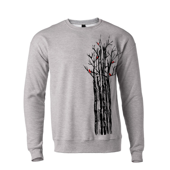 A gray sweatshirt with a graphic design depicting a tree with black branches and red birds perched on them.