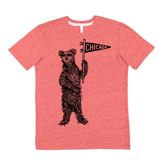 A red t-shirt with a graphic design of a bear holding a Chicago flag.