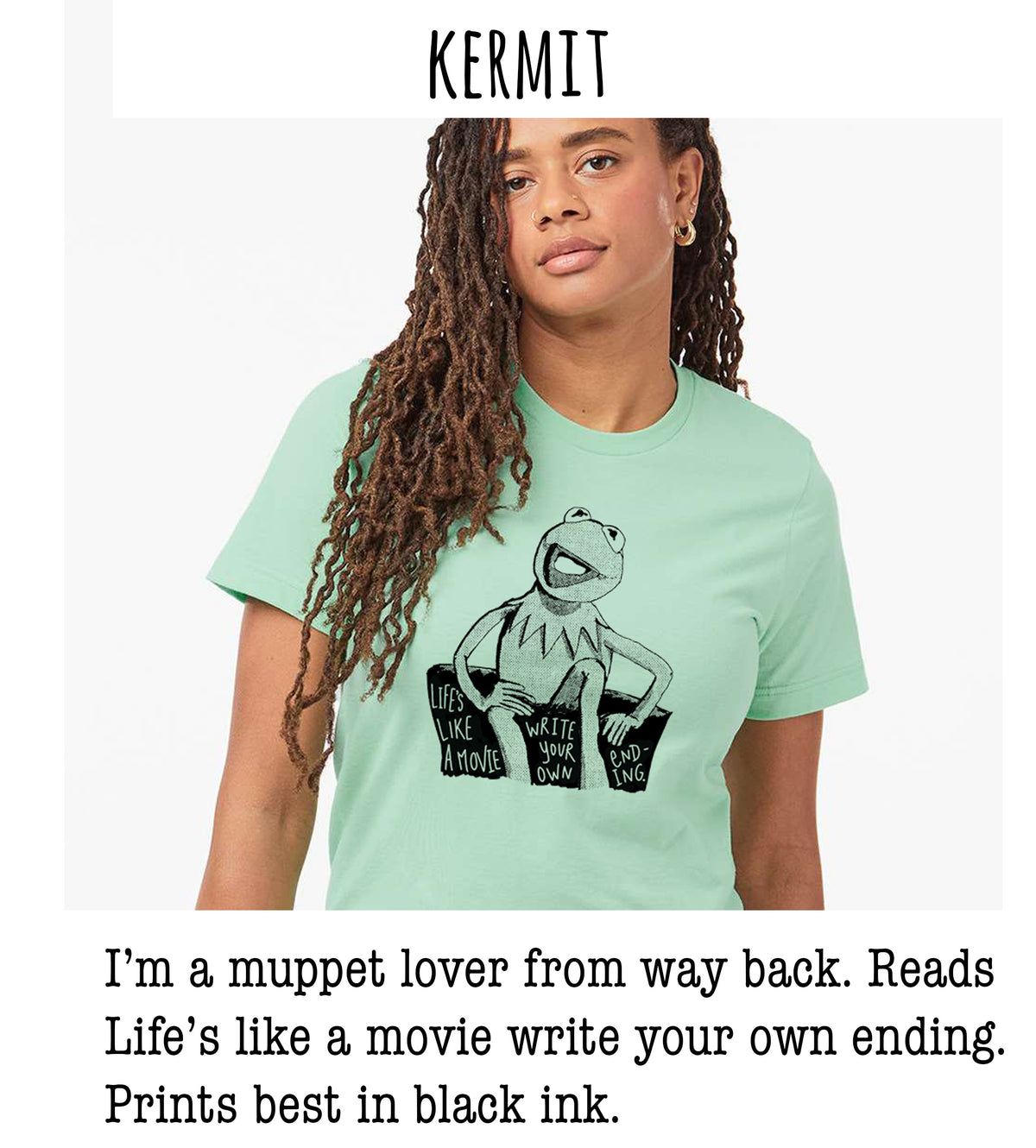 A person wearing a green t-shirt with a Kermit the Frog graphic and text, posing for a portrait.