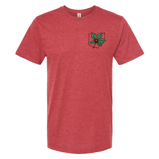 A red t-shirt with a graphic of a leaf and a flower on the front.