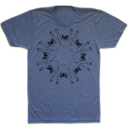 a blue t - shirt with black cats on it