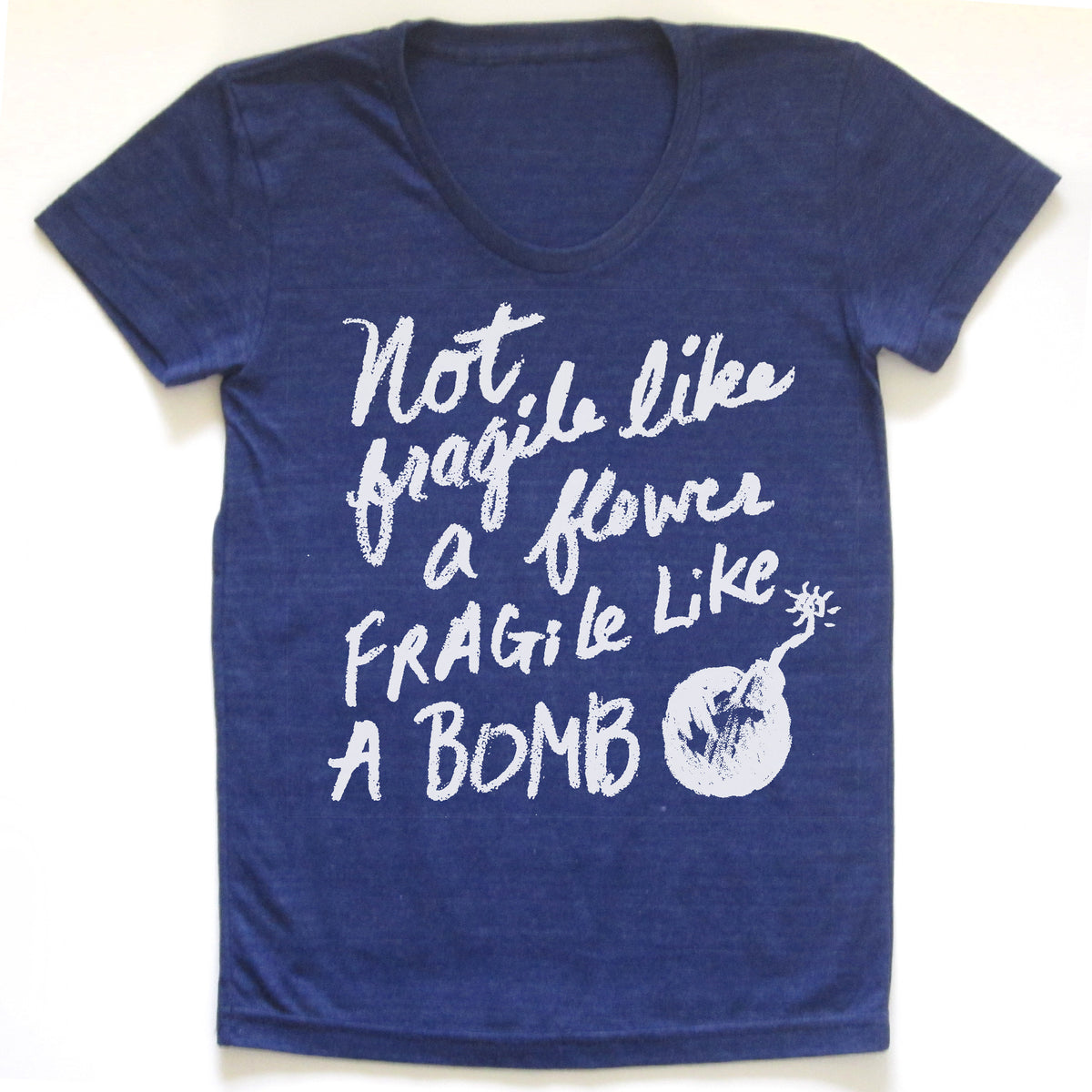 A blue t-shirt with white text printed on it.